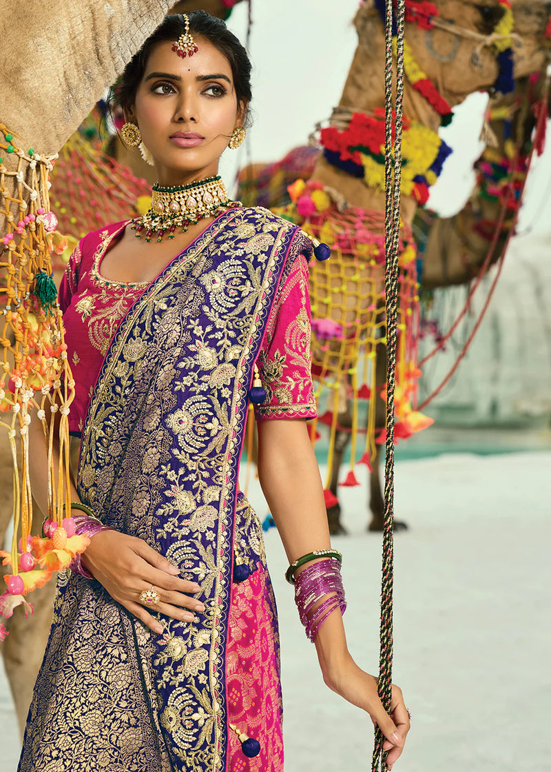 Nayoora Royal Twilight Pink & Orange Georgette Embroidered Saree