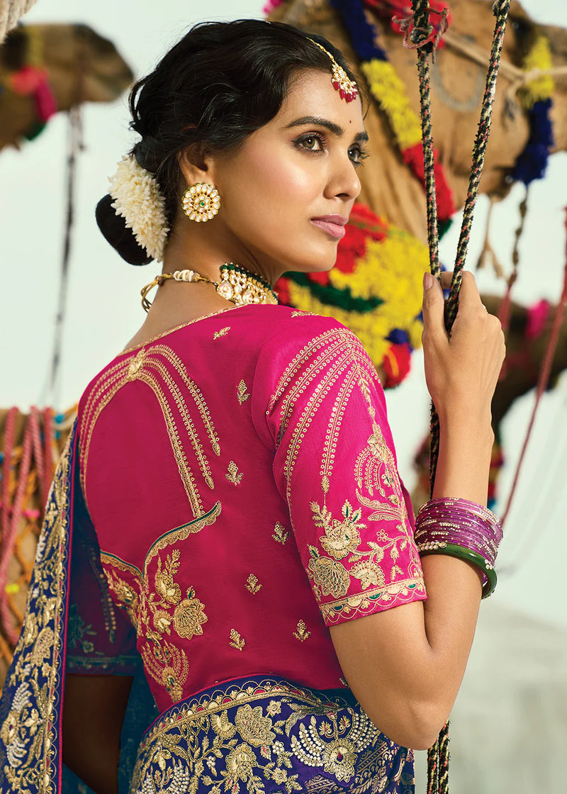 Nayoora Royal Twilight Pink & Orange Georgette Embroidered Saree