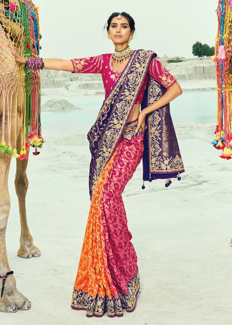 Nayoora Royal Twilight Pink & Orange Georgette Embroidered Saree