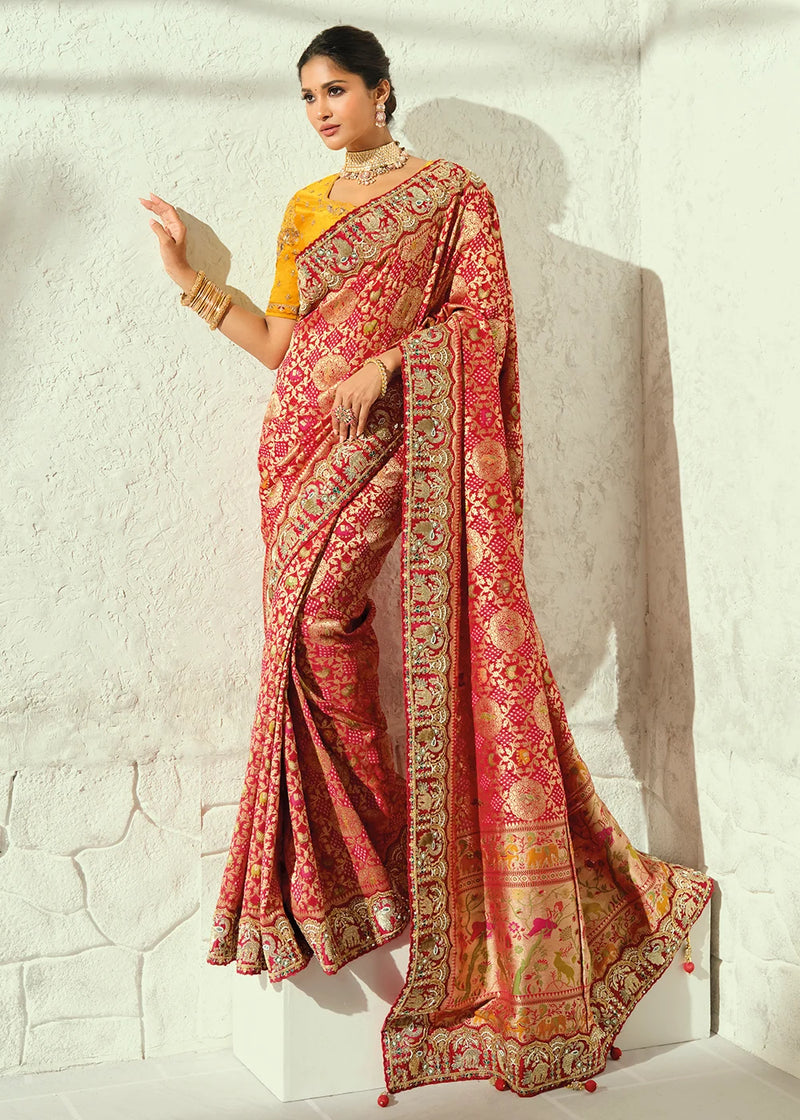 Nayoora Red and Gold Embellished Pure Georgette Bandhej Saree