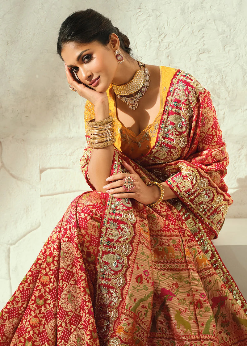Nayoora Red and Gold Embellished Pure Georgette Bandhej Saree