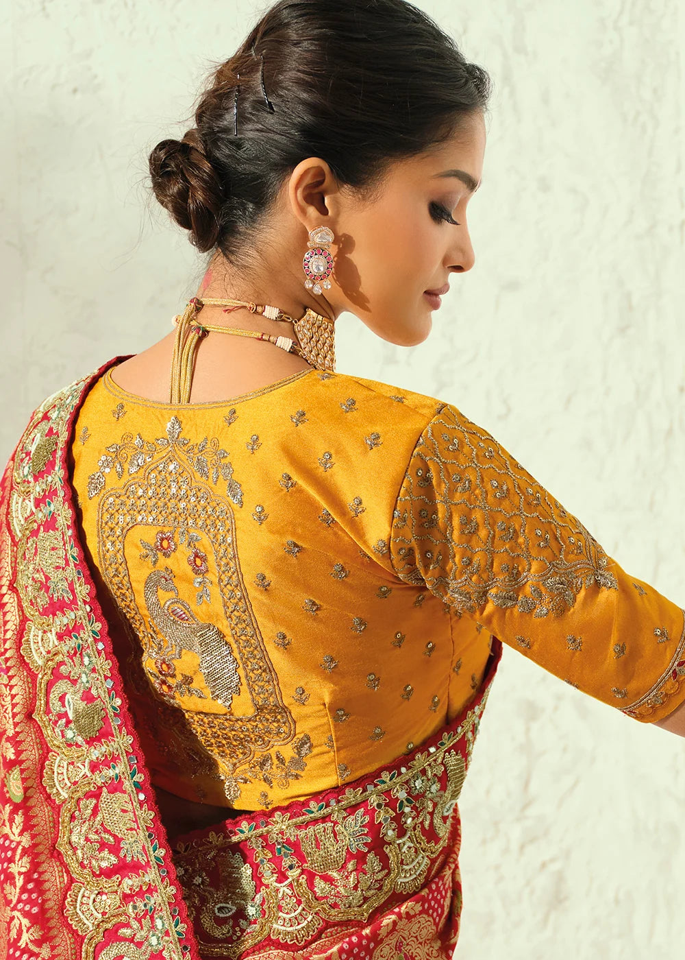 Nayoora Red and Gold Embellished Pure Georgette Bandhej Saree