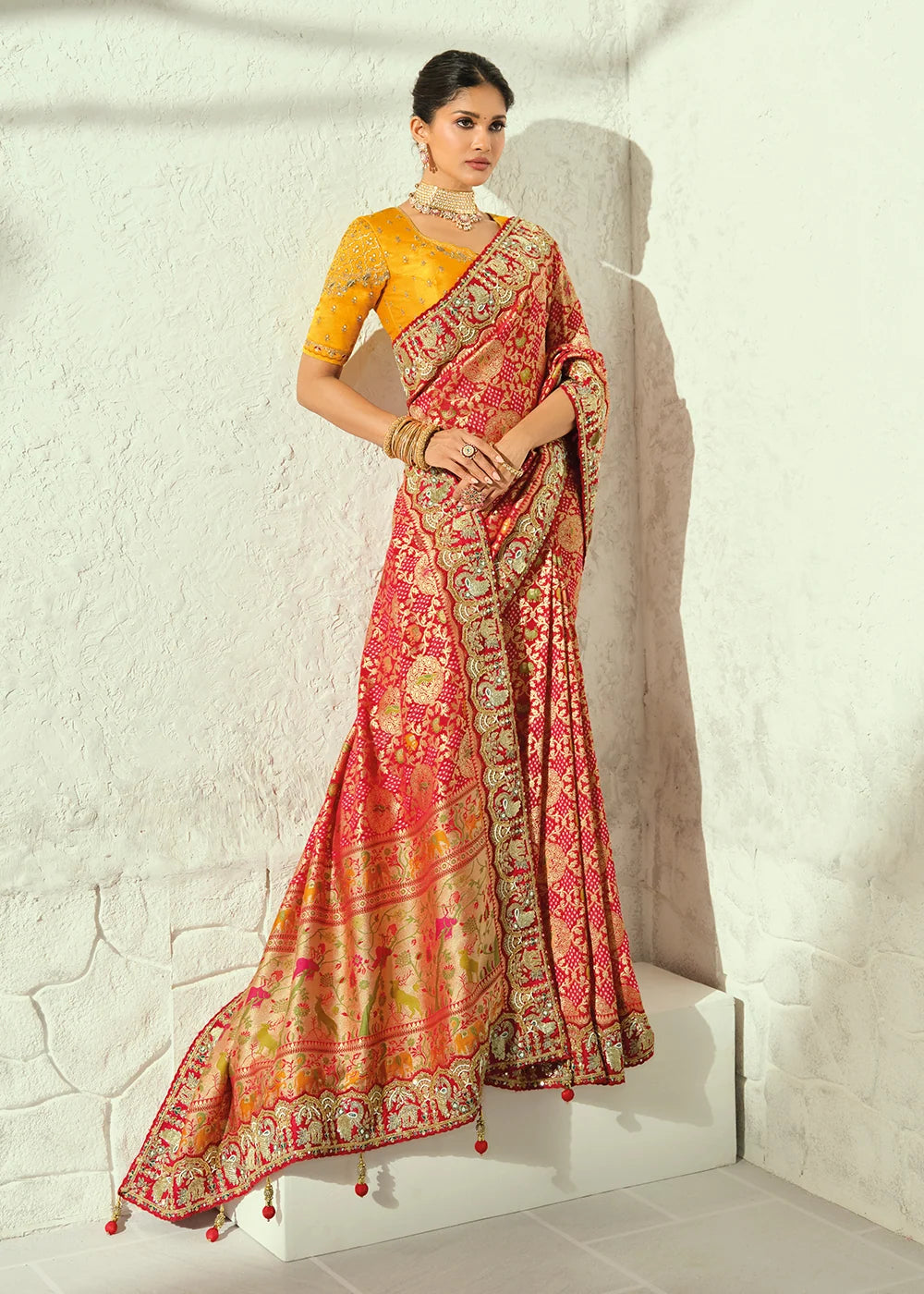 Nayoora Red and Gold Embellished Pure Georgette Bandhej Saree