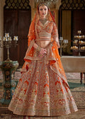 Rust orange silk lehenga with gold embroidery, matching blouse and dupatta.