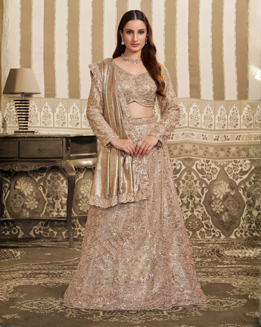 Nayoora Luxe Metallic Champagne Gold Foil Satin Ready-to-Wear Lehenga Saree