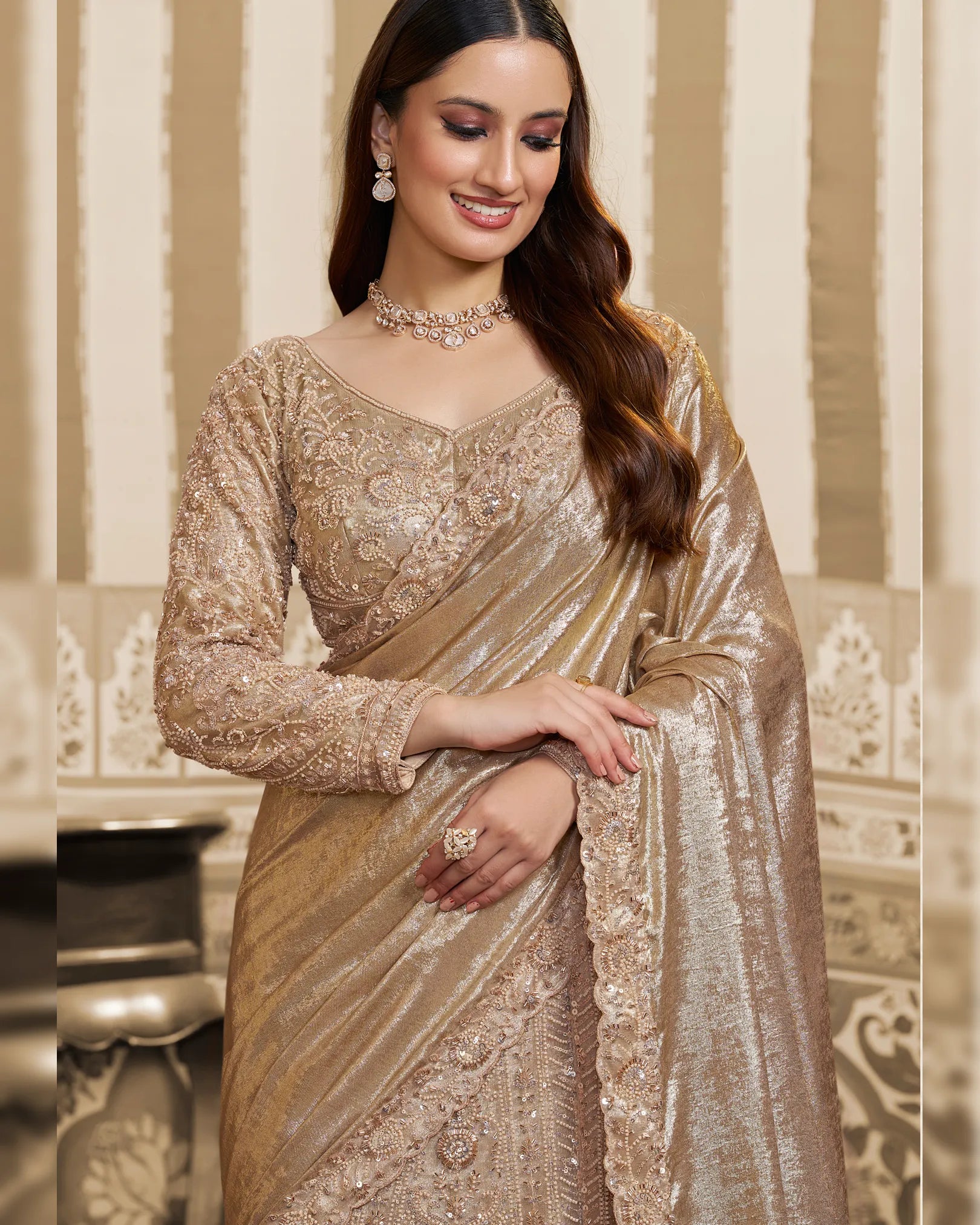 Nayoora Luxe Metallic Champagne Gold Foil Satin Ready-to-Wear Lehenga Saree