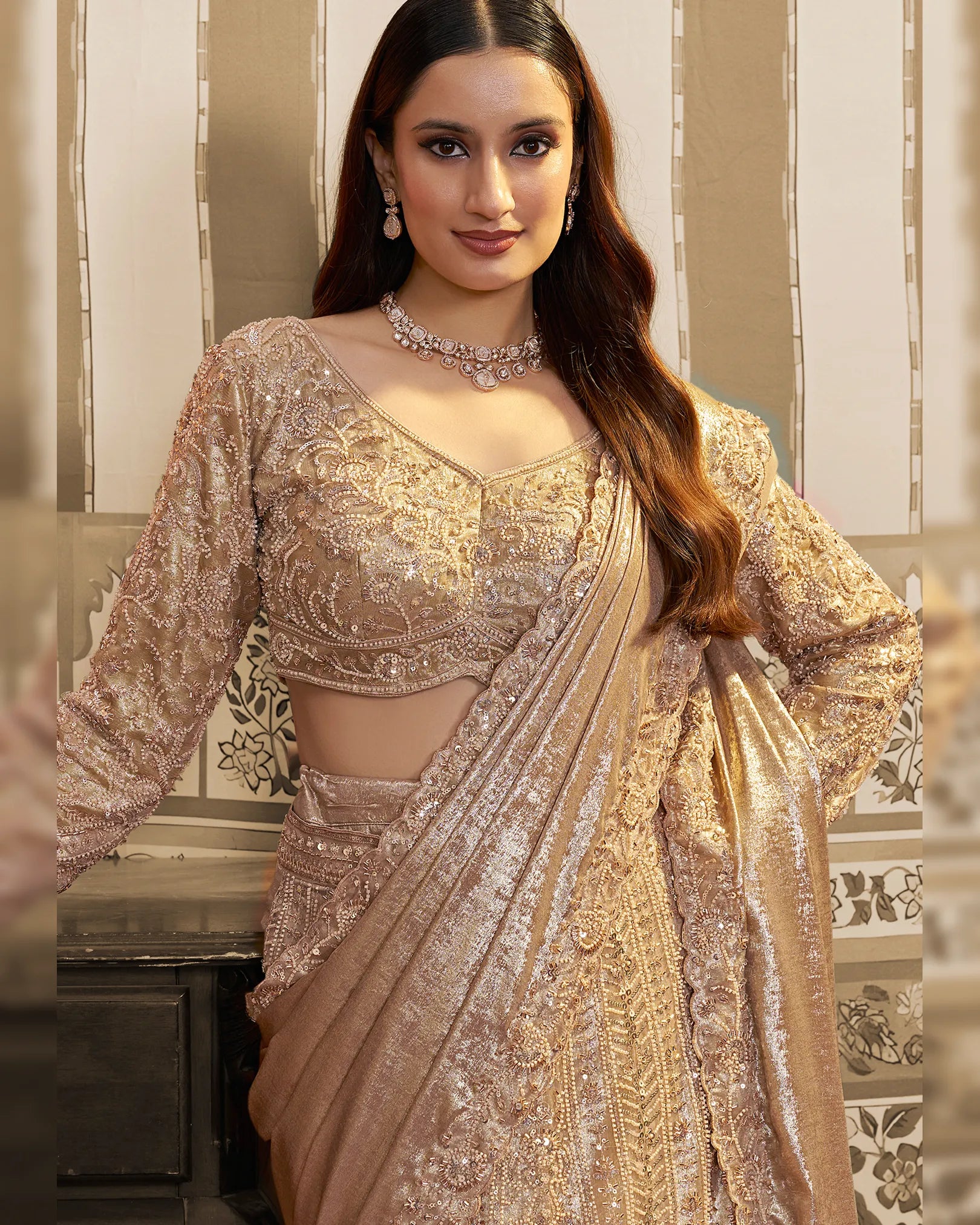 Nayoora Luxe Metallic Champagne Gold Foil Satin Ready-to-Wear Lehenga Saree