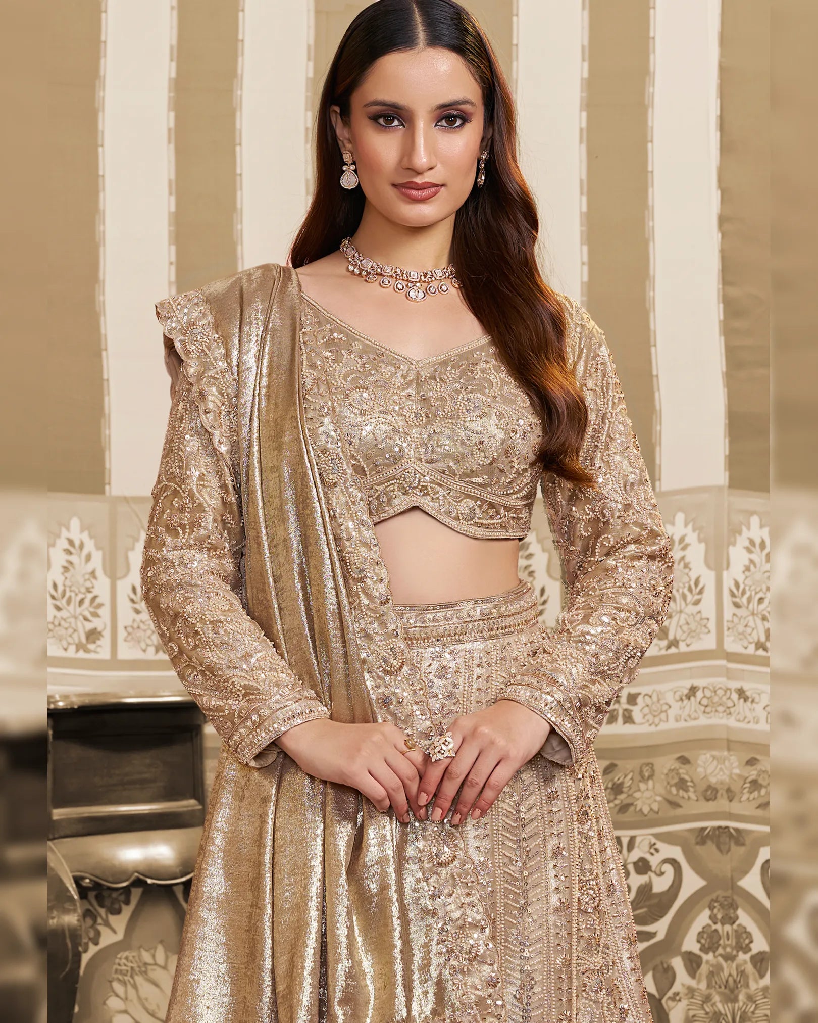 Nayoora Luxe Metallic Champagne Gold Foil Satin Ready-to-Wear Lehenga Saree