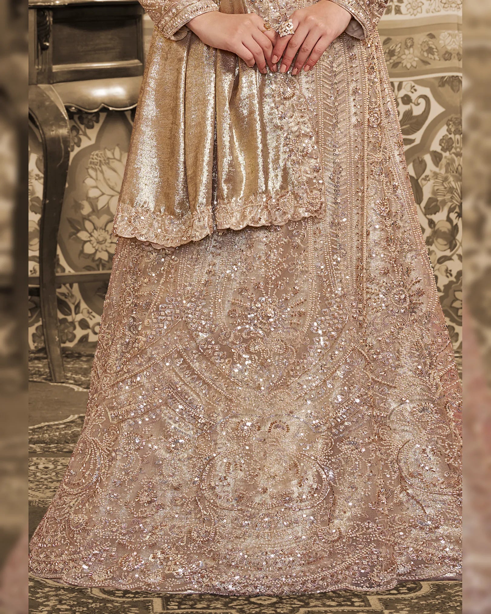 Nayoora Luxe Metallic Champagne Gold Foil Satin Ready-to-Wear Lehenga Saree