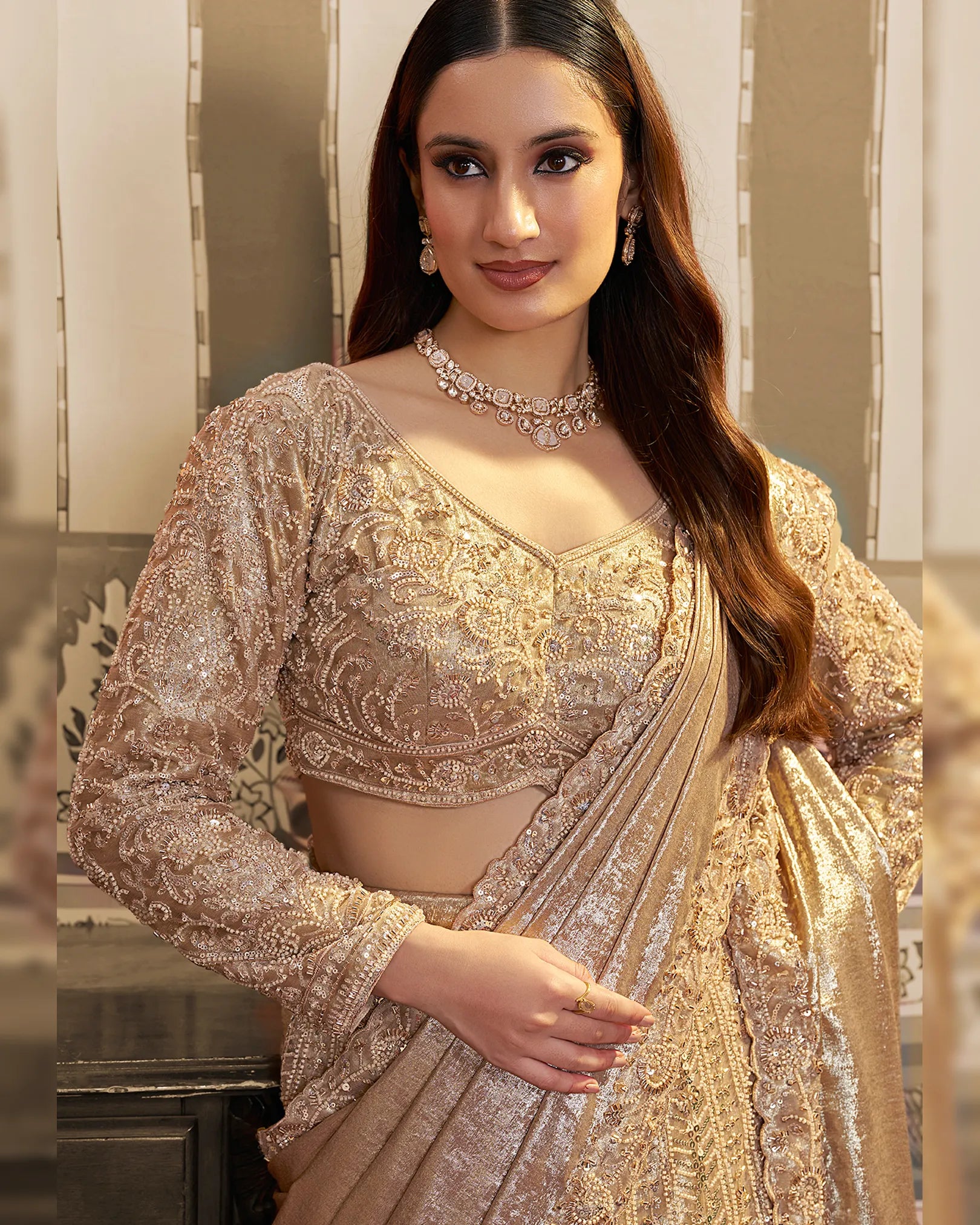 Nayoora Luxe Metallic Champagne Gold Foil Satin Ready-to-Wear Lehenga Saree