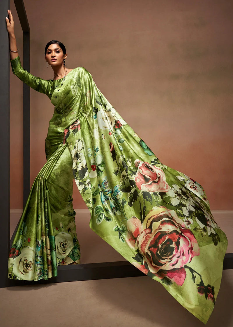 Nayoora Green Floral Digital Print Sattin Crepe Designer Saree