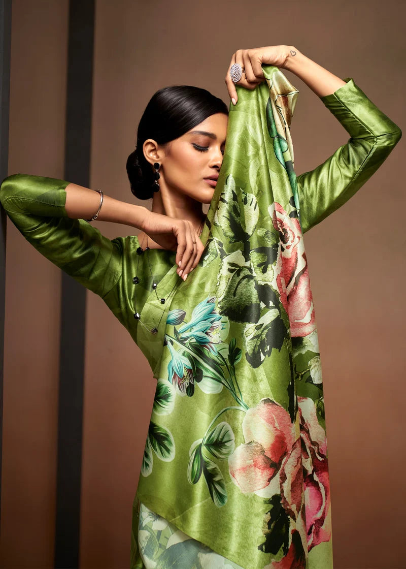 Nayoora Green Floral Digital Print Sattin Crepe Designer Saree