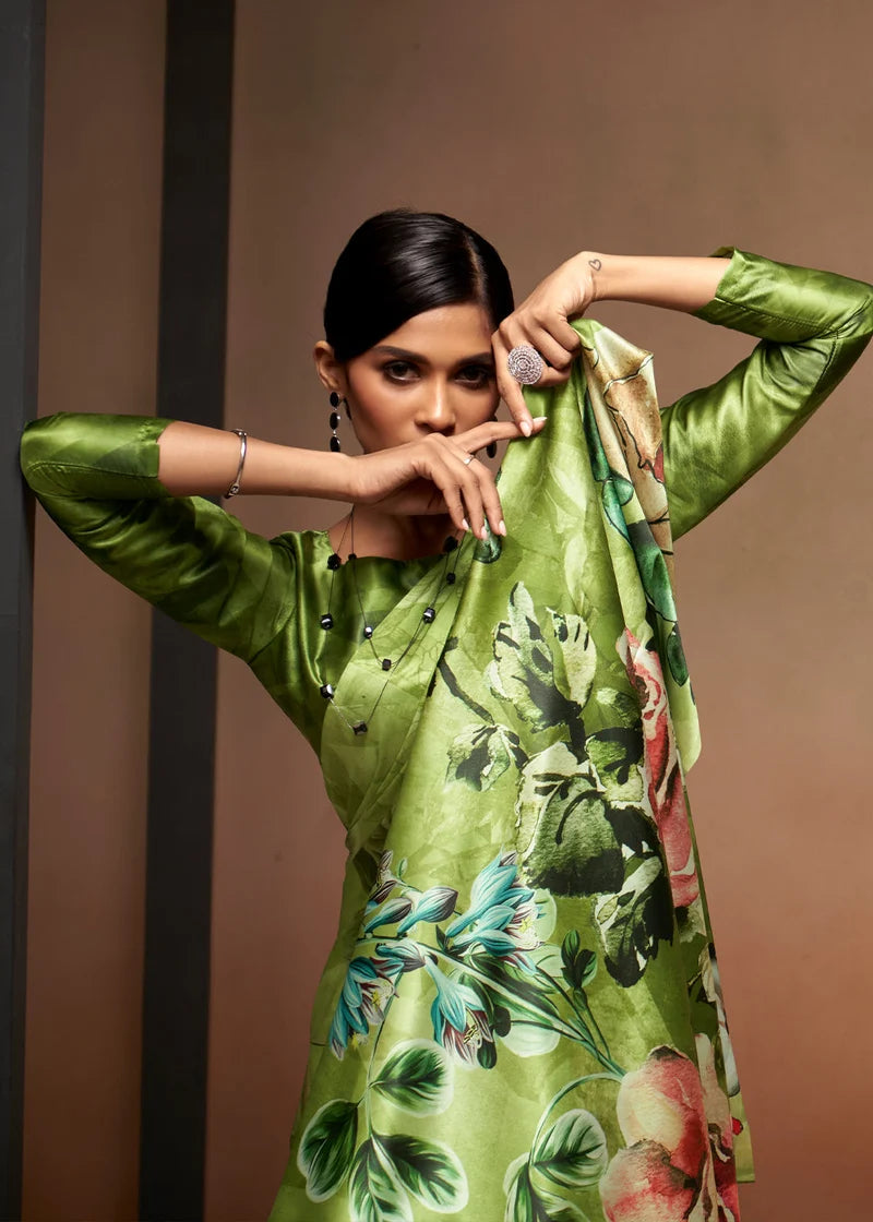 Nayoora Green Floral Digital Print Sattin Crepe Designer Saree