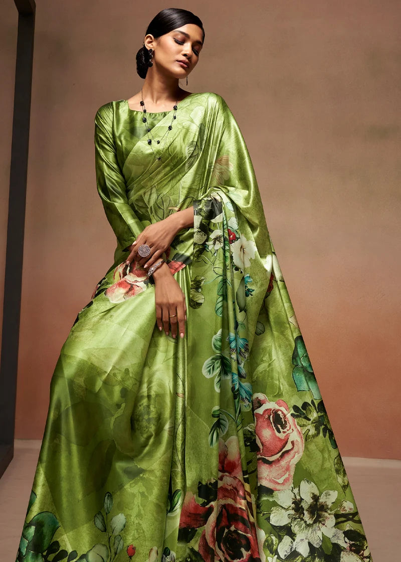 Nayoora Green Floral Digital Print Sattin Crepe Designer Saree