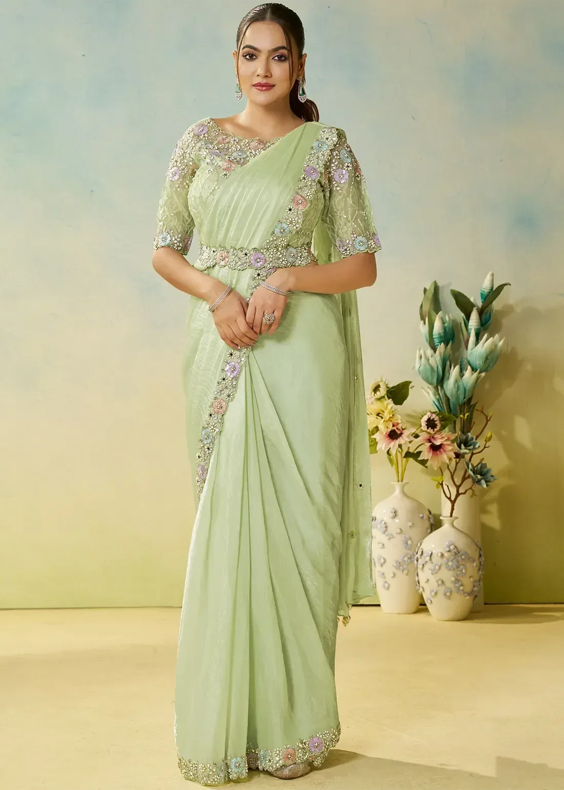 Nayoora Luxe Mint Green Satin Ready-to-Wear Floral Saree Set - Nayoora