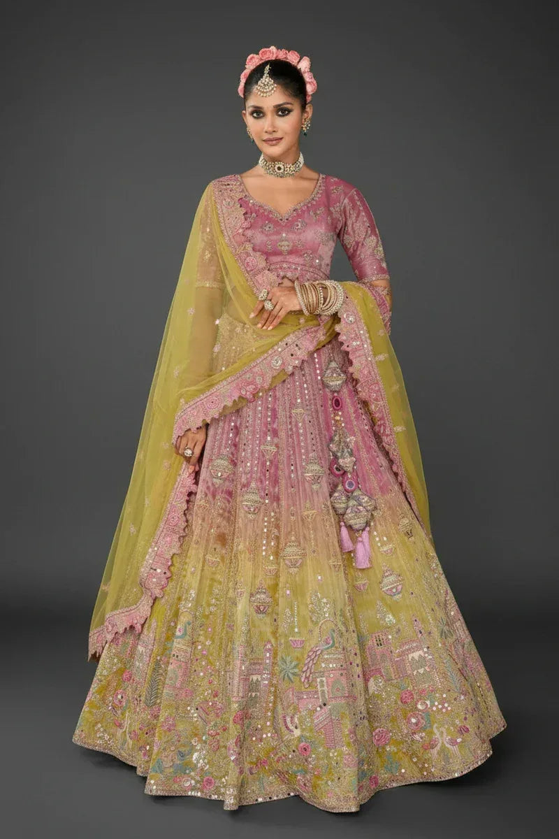 Nayoora Luxe Dusty Pink & Lime Green Ombre Heritage Palace Motif Couture Lehenga - Nayoora