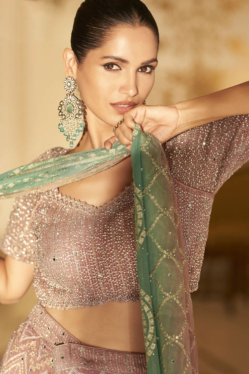 Nayoora Dusty Rose and Sage Green Embellished Georgette Palazzo Suit with Dupatta