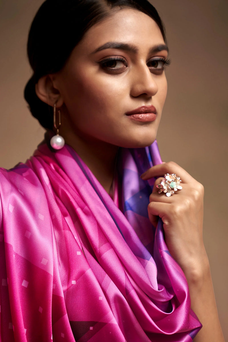 Nayoora Pink Purple Multicolor Digital Print Sattin Crepe Designer Saree