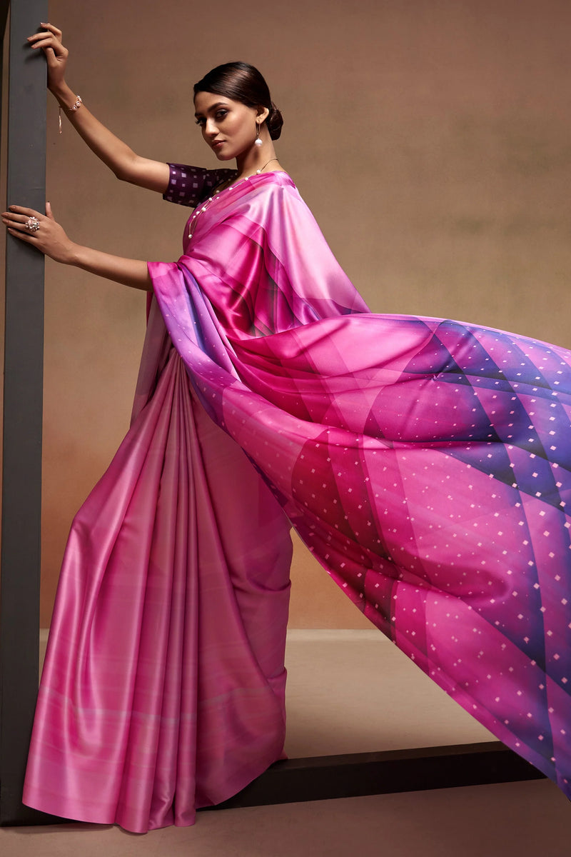 Nayoora Pink Purple Multicolor Digital Print Sattin Crepe Designer Saree