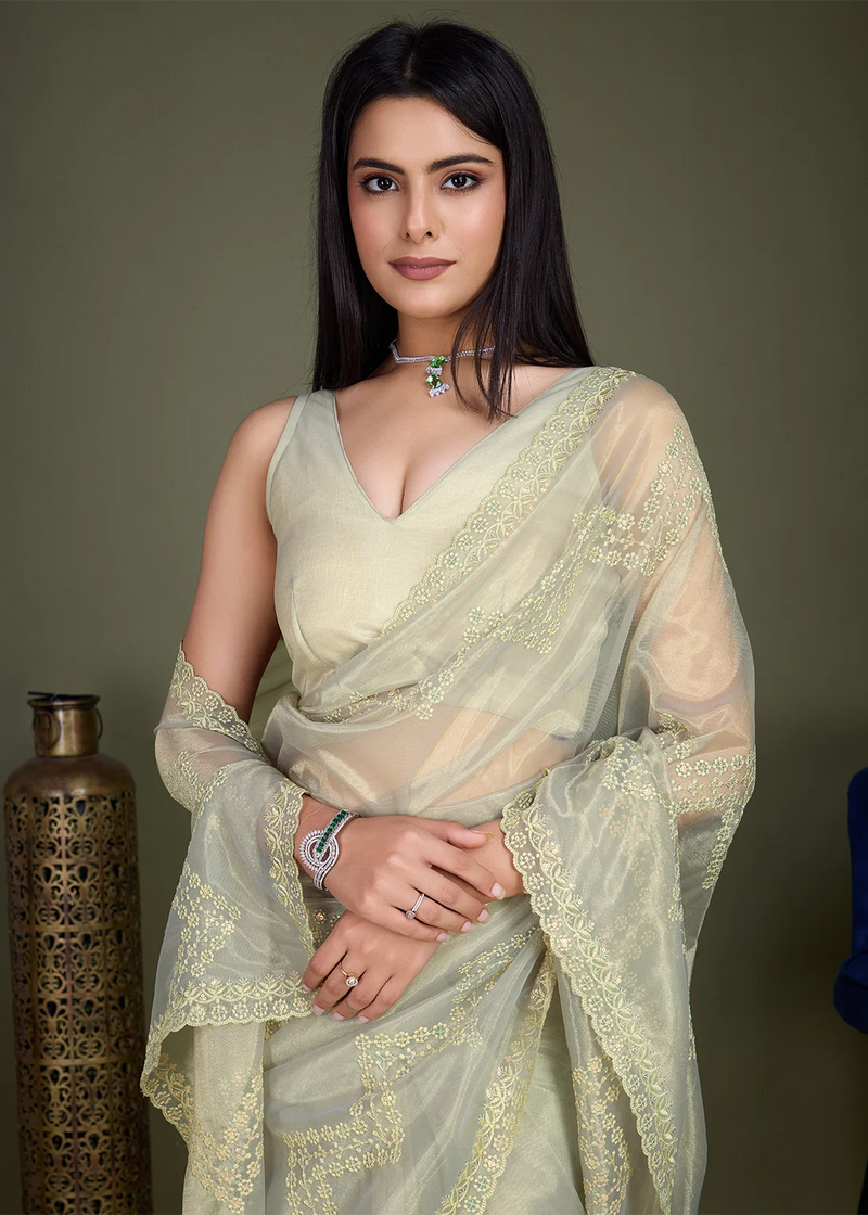 Nayoora Pista Green Gold Infused Shimmer Net Embroidered Saree with Scalloped Border