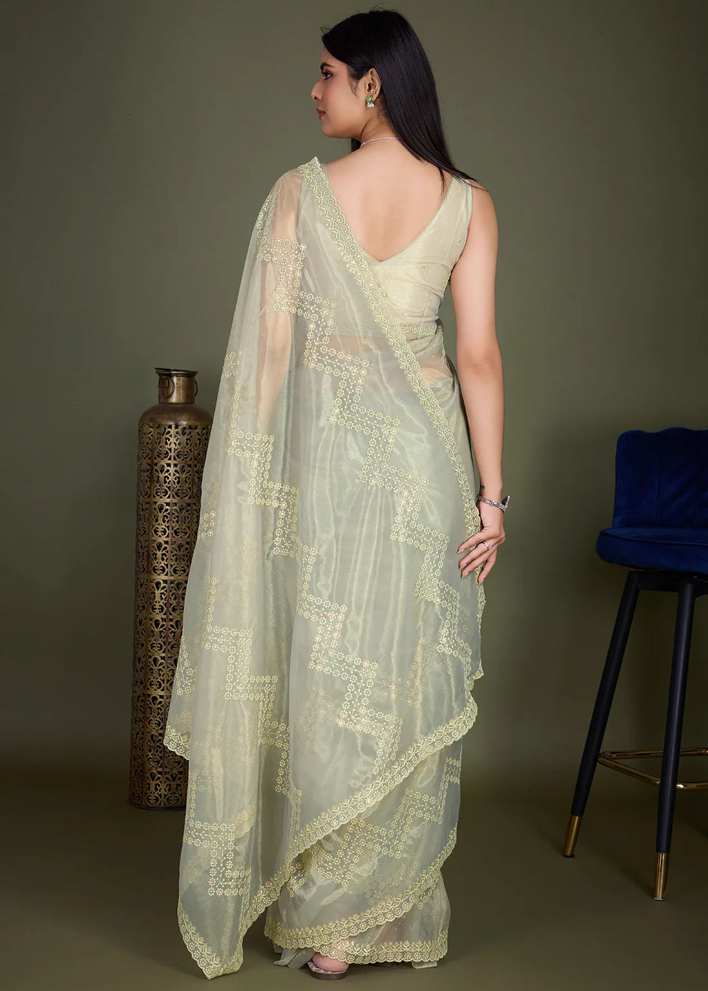 Nayoora Pista Green Gold Infused Shimmer Net Embroidered Saree with Scalloped Border