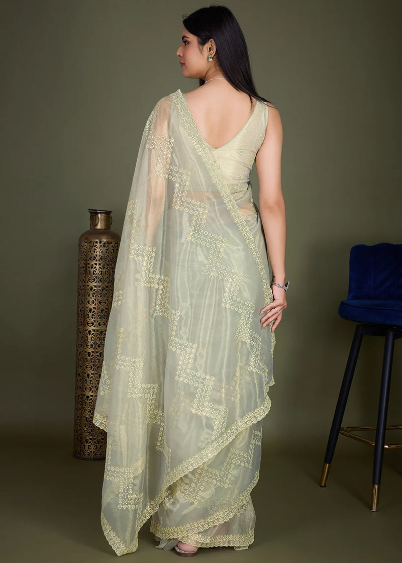 Nayoora Pista Green Gold Infused Shimmer Net Embroidered Saree with Scalloped Border