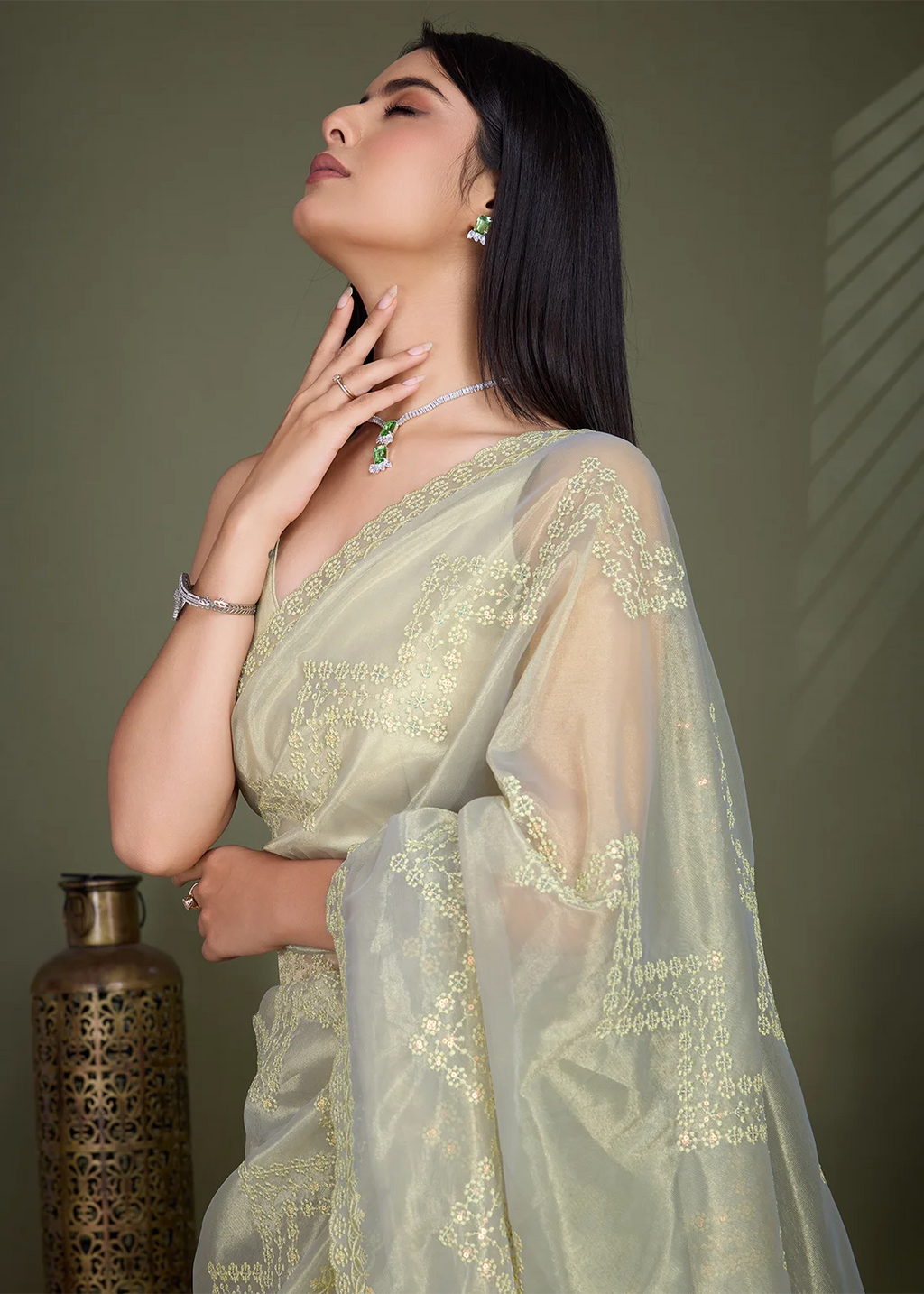 Nayoora Pista Green Gold Infused Shimmer Net Embroidered Saree with Scalloped Border