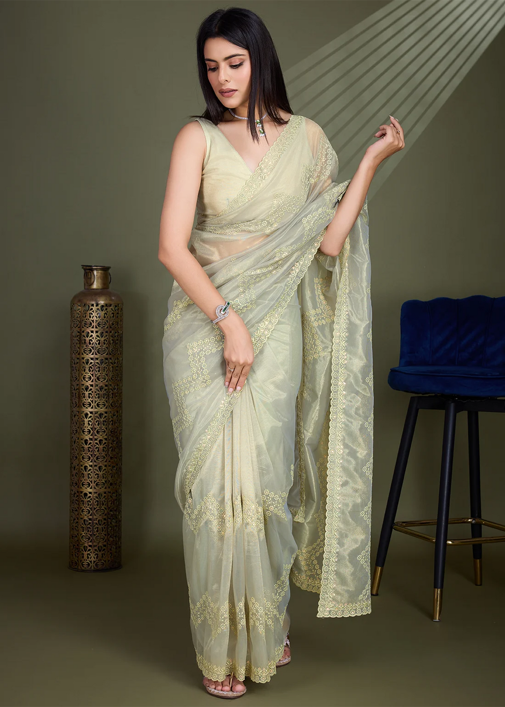 Nayoora Pista Green Gold Infused Shimmer Net Embroidered Saree with Scalloped Border