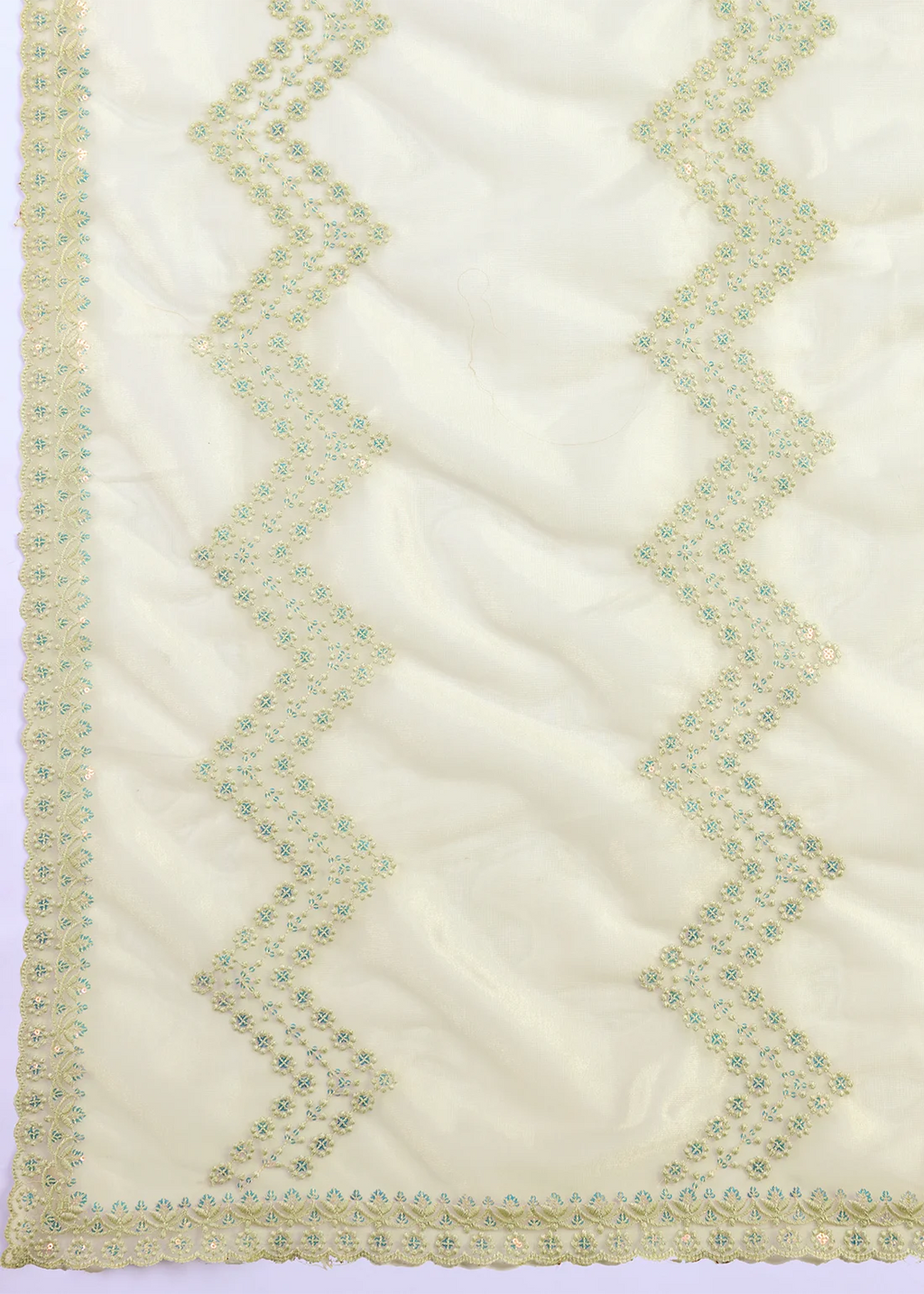 Nayoora Pista Green Gold Infused Shimmer Net Embroidered Saree with Scalloped Border