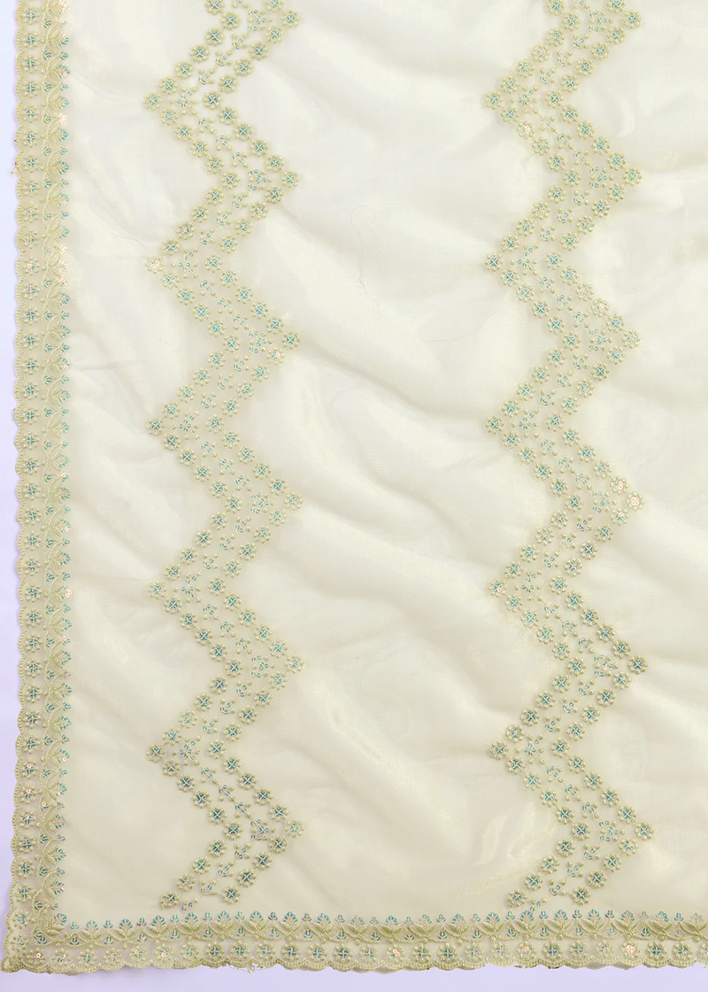 Nayoora Pista Green Gold Infused Shimmer Net Embroidered Saree with Scalloped Border