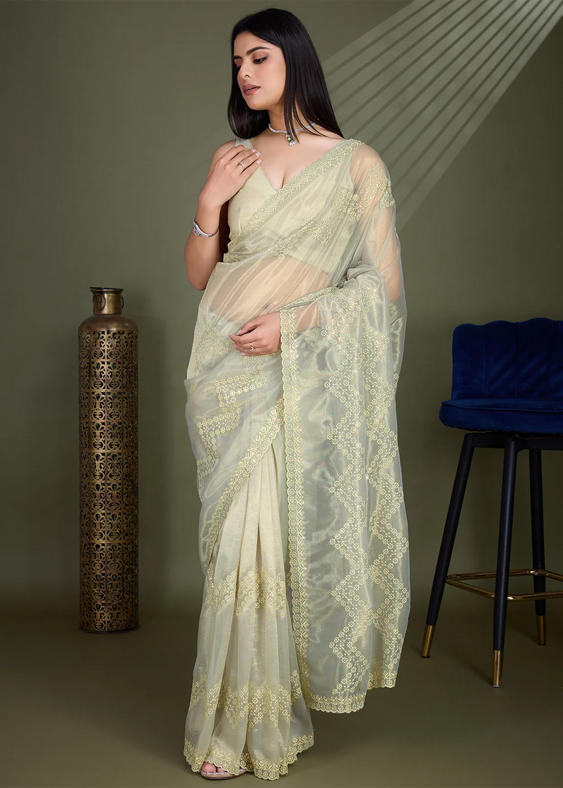 Nayoora Pista Green Gold Infused Shimmer Net Embroidered Saree with Scalloped Border