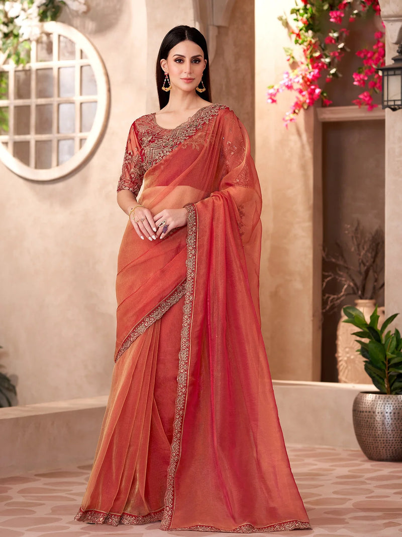 Nayoora Coral Red Designer Party Wear Fancy Saree