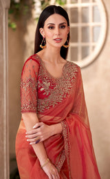 Nayoora Coral Red Designer Party Wear Fancy Saree