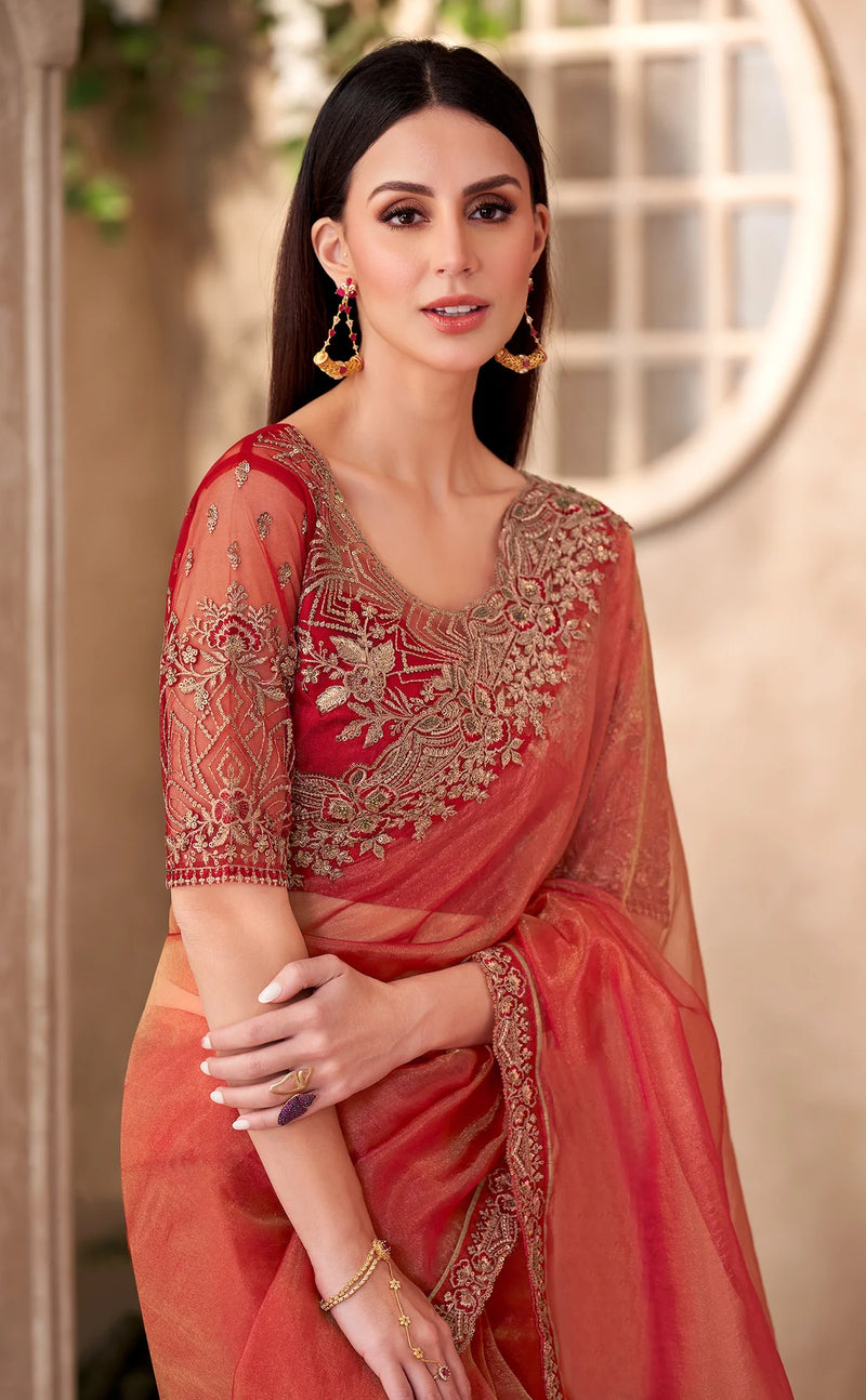 Nayoora Coral Red Designer Party Wear Fancy Saree
