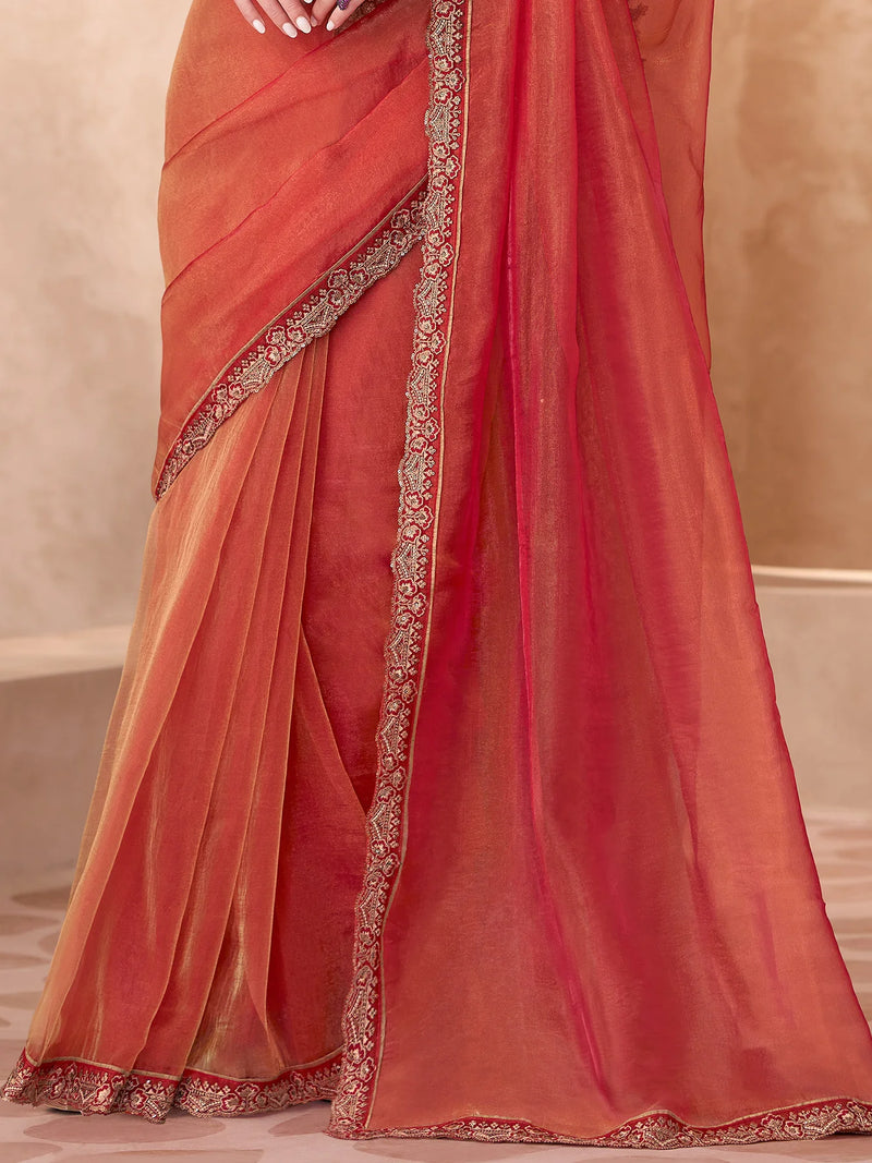 Nayoora Coral Red Designer Party Wear Fancy Saree