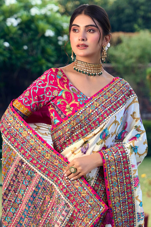 Nayoora Royal Cream Multicolor Premium Mirror Work Designer Saree