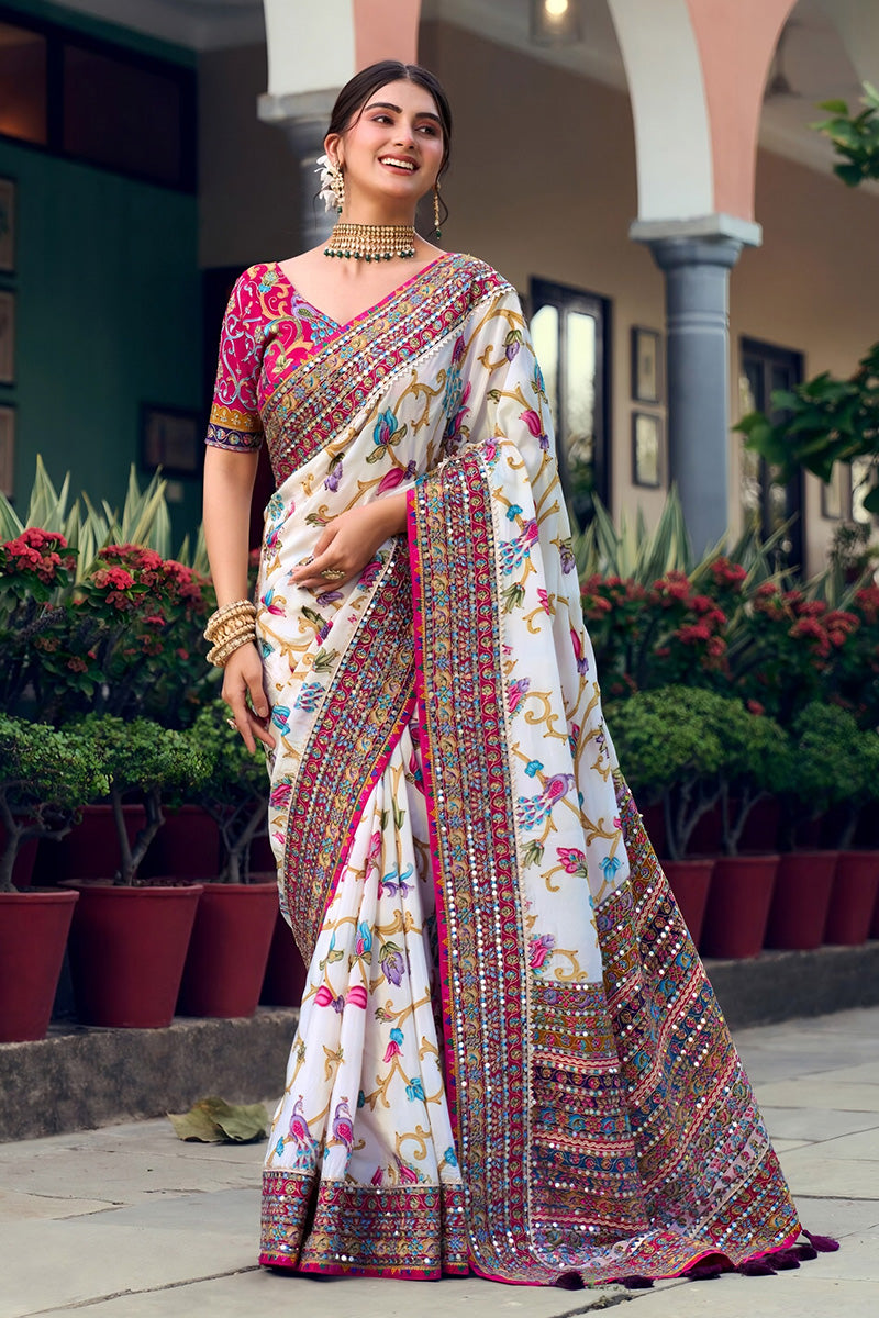 Nayoora Royal Cream Multicolor Premium Mirror Work Designer Saree