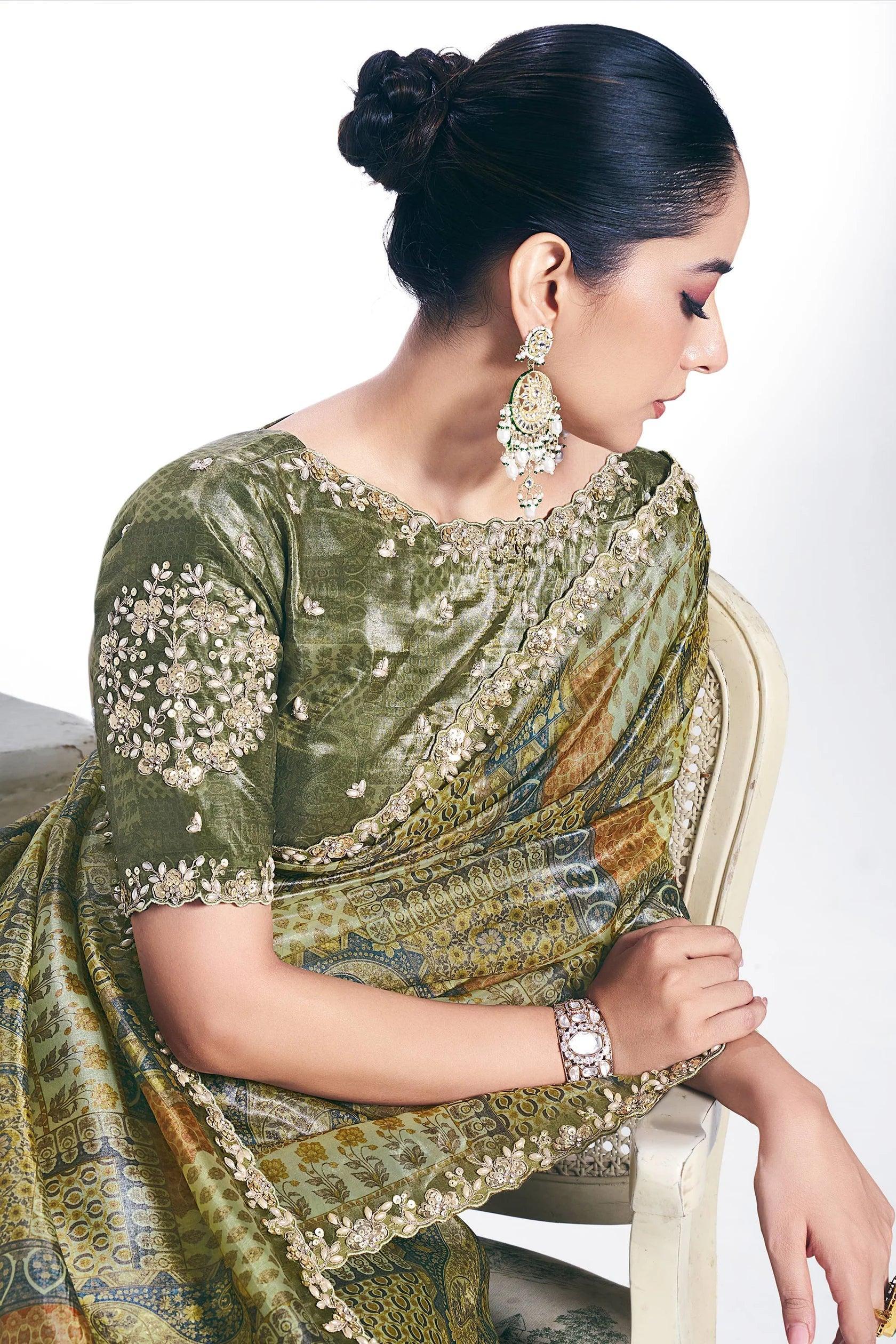 Nayoora Luxe Moss Green Digital Print Embroidered Silk Saree - Nayoora
