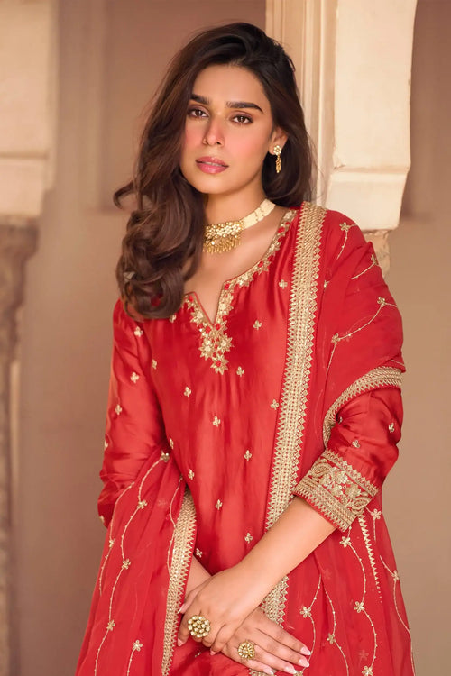 Nayoora Safar Artisanal Red Chinon Silk Embroidered Sharara Set