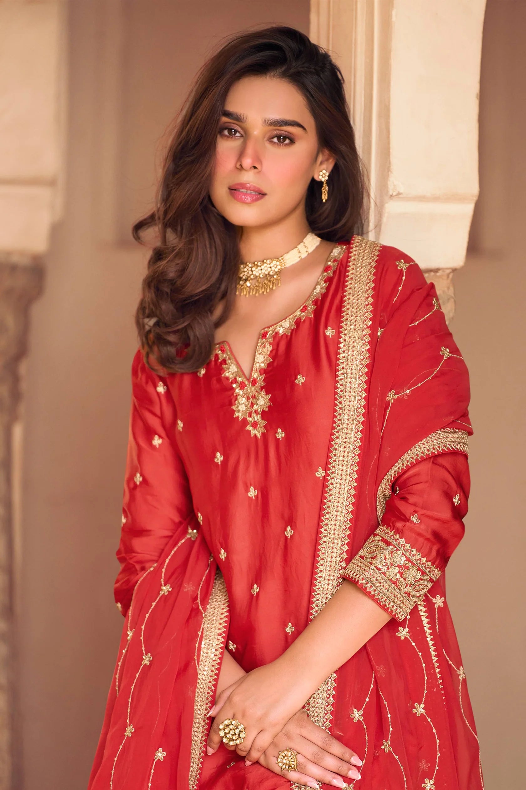 Nayoora Safar Artisanal Red Chinon Silk Embroidered Sharara Set