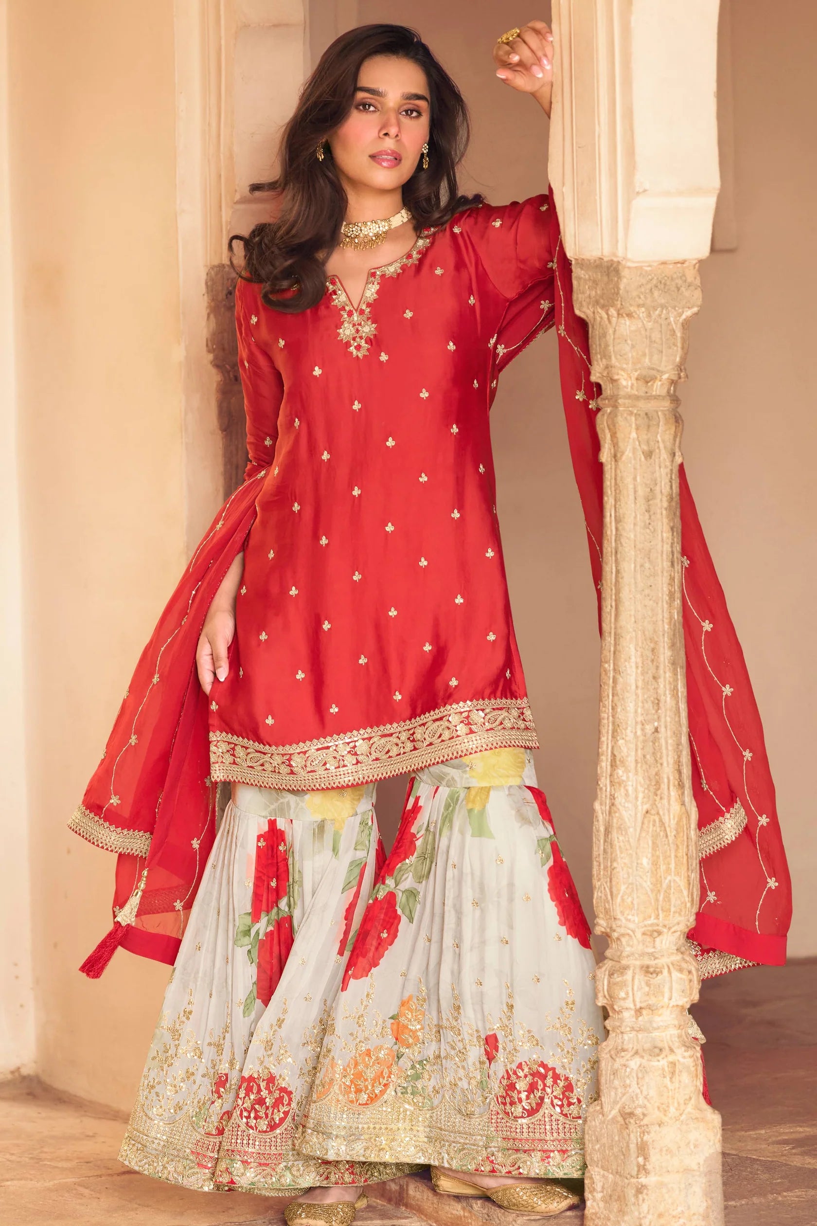 Nayoora Safar Artisanal Red Chinon Silk Embroidered Sharara Set