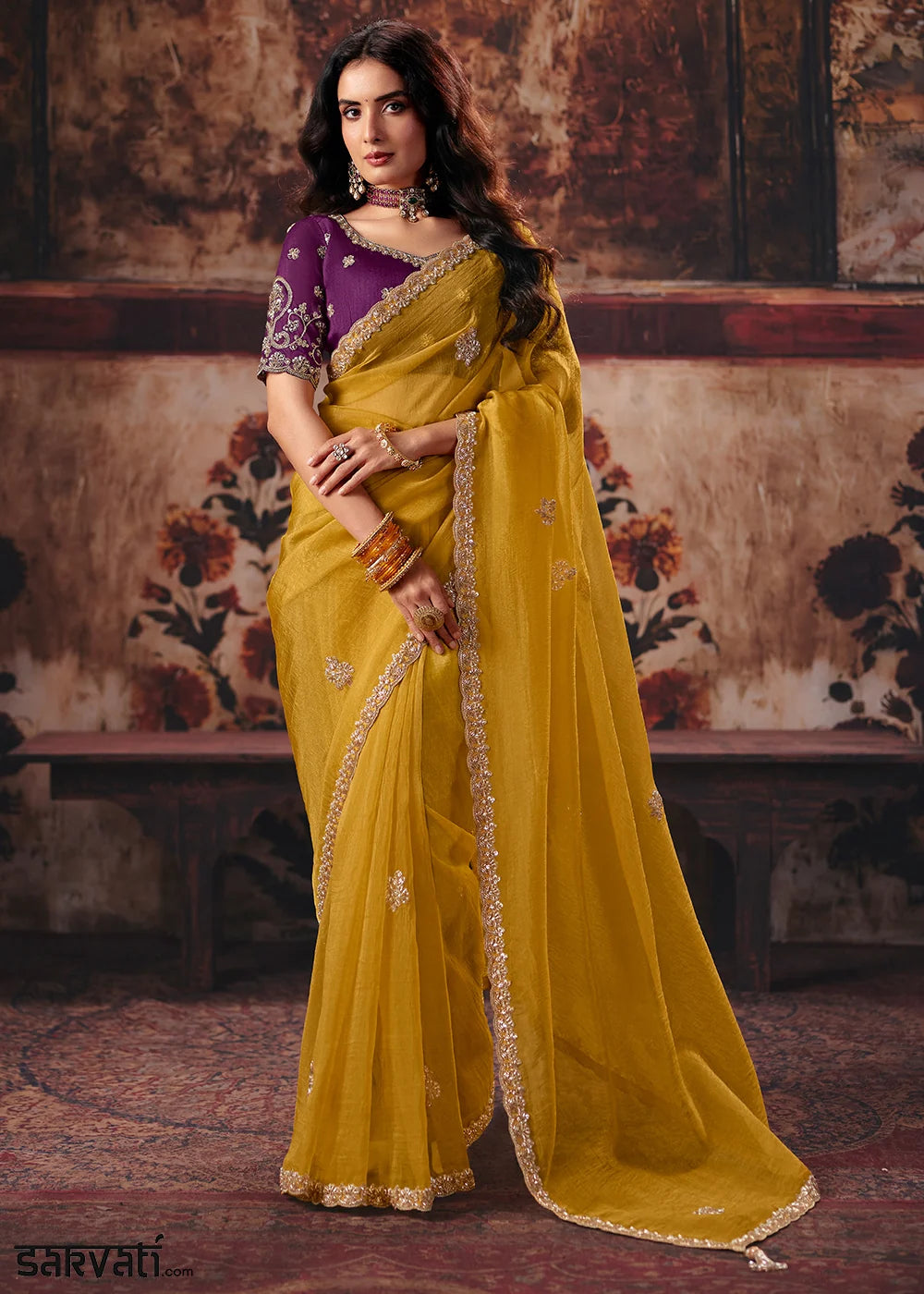 Nayoora Mustard Yellow Fancy Fabric Embroidered Designer Saree