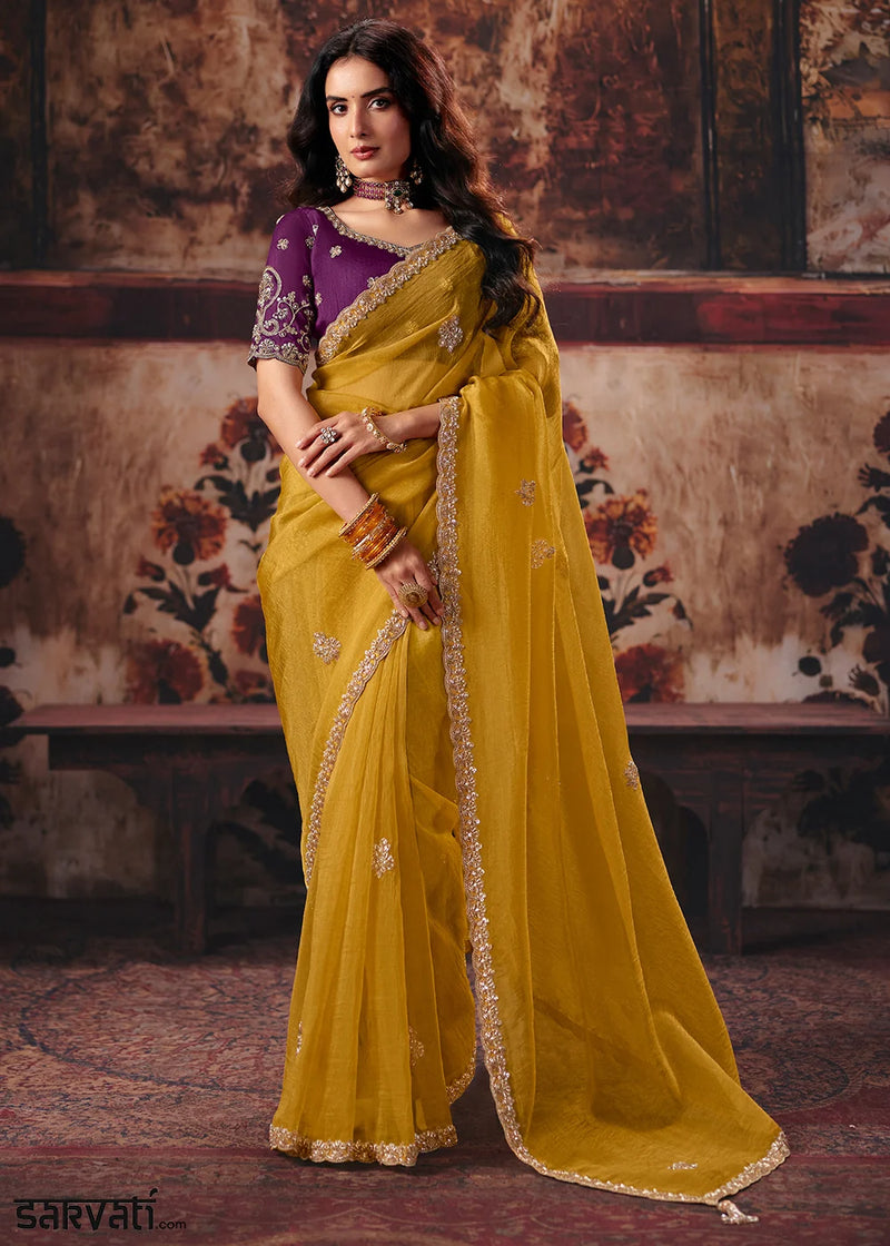 Nayoora Mustard Yellow Fancy Fabric Embroidered Designer Saree