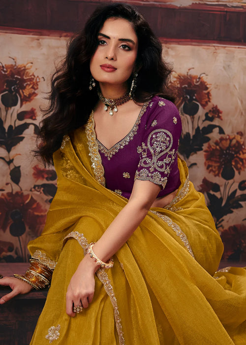 Nayoora Mustard Yellow Fancy Fabric Embroidered Designer Saree