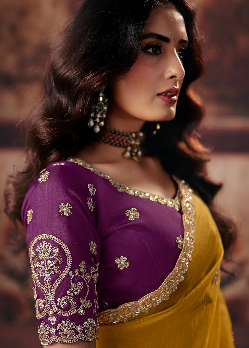 Nayoora Mustard Yellow Fancy Fabric Embroidered Designer Saree