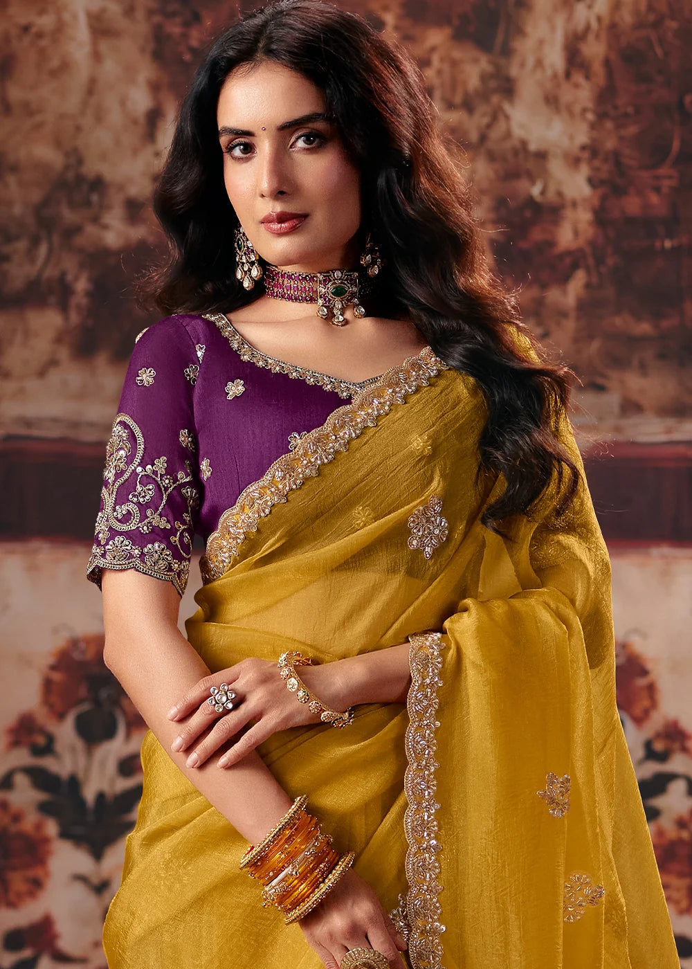 Nayoora Mustard Yellow Fancy Fabric Embroidered Designer Saree