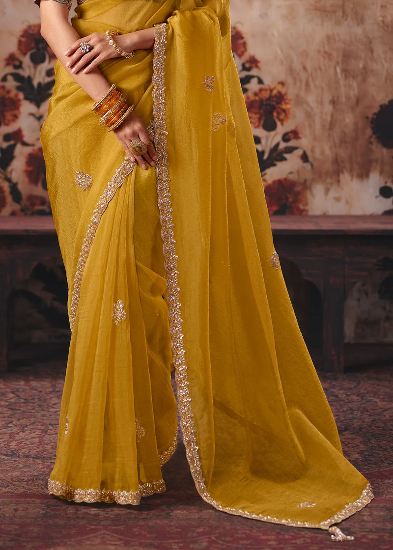 Nayoora Mustard Yellow Fancy Fabric Embroidered Designer Saree