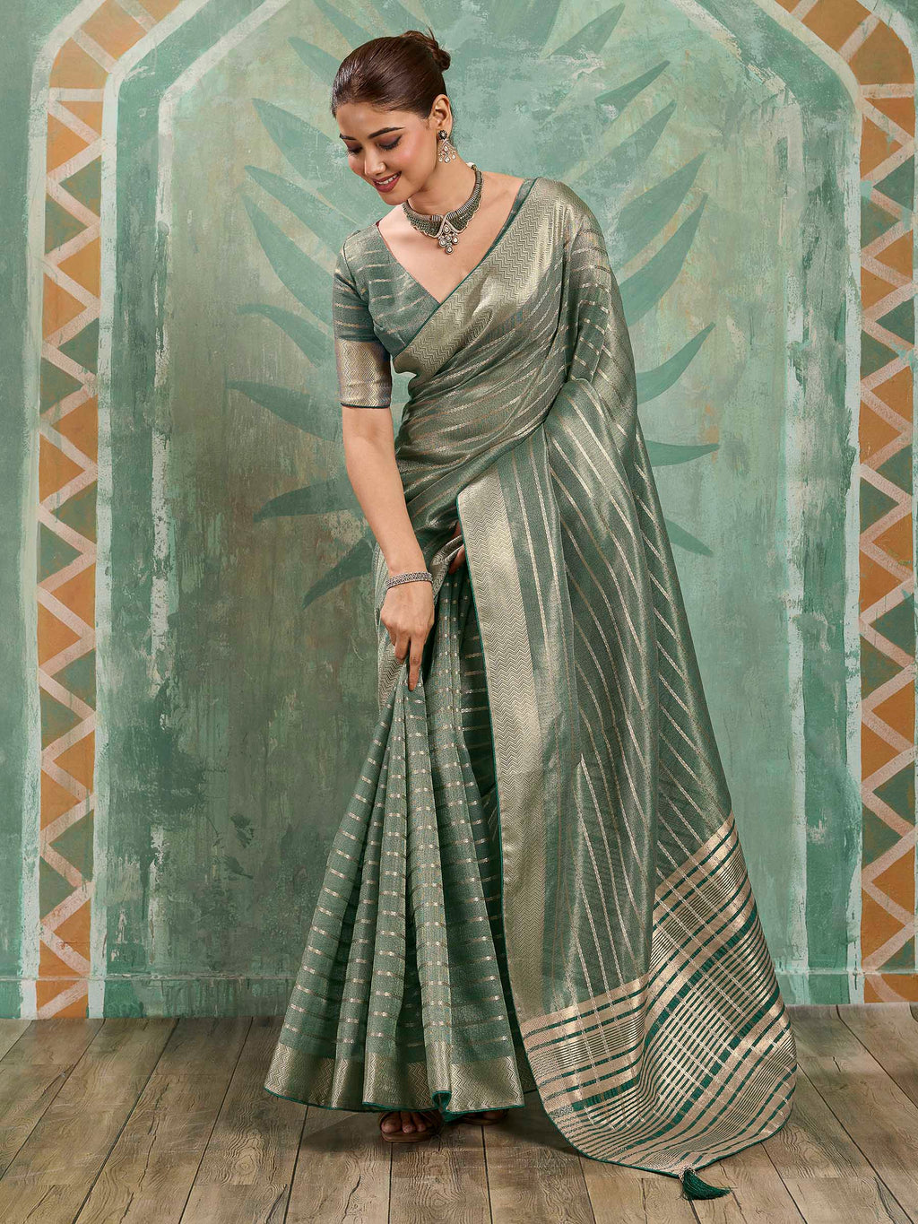 Nayoora Sage Green Tissue Cotton Zari Saree