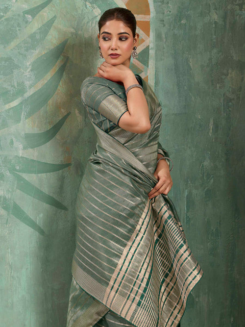 Nayoora Sage Green Tissue Cotton Zari Saree