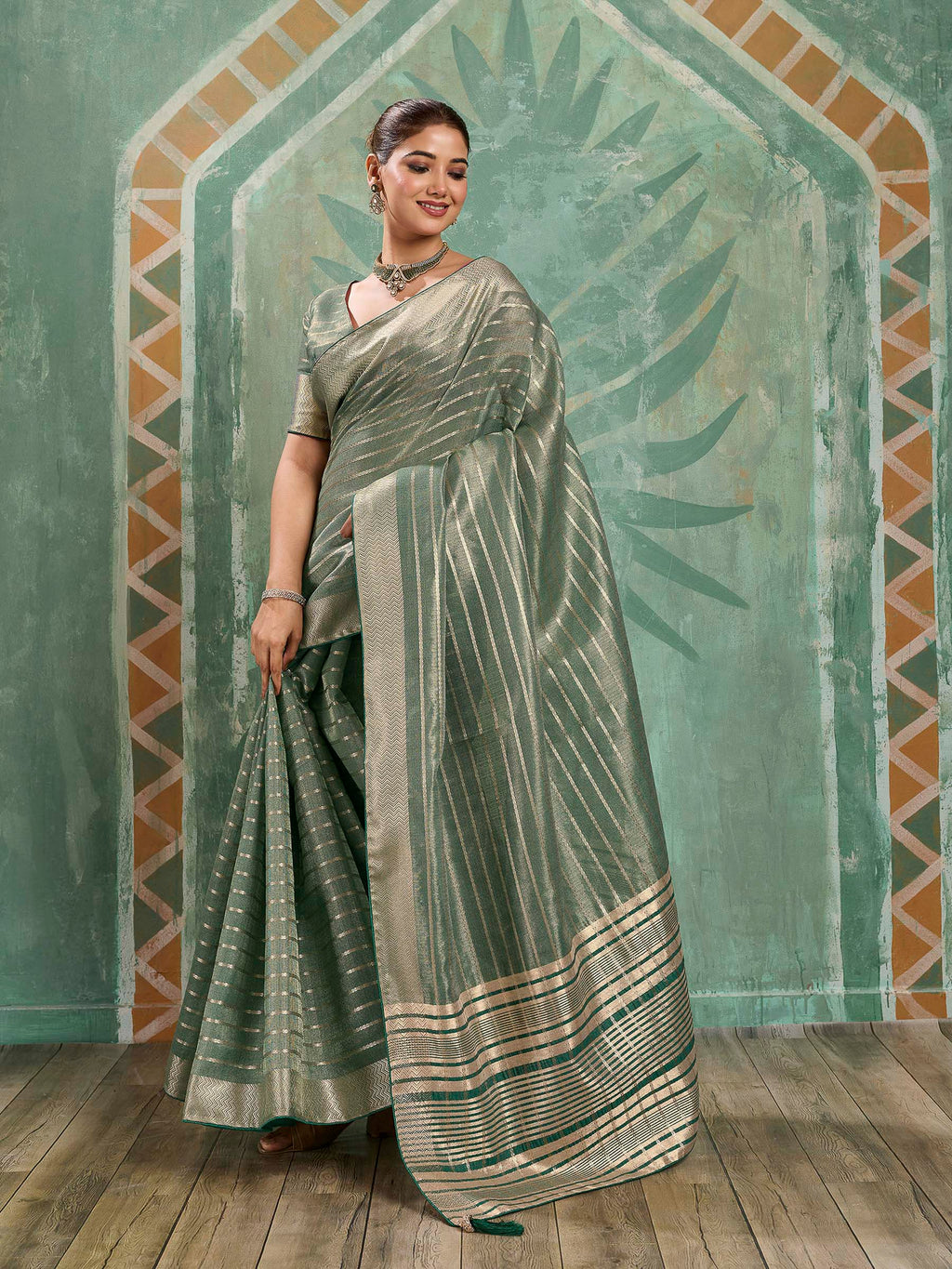 Nayoora Sage Green Tissue Cotton Zari Saree